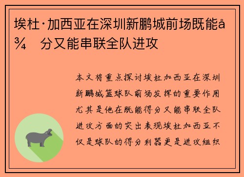 埃杜·加西亚在深圳新鹏城前场既能得分又能串联全队进攻