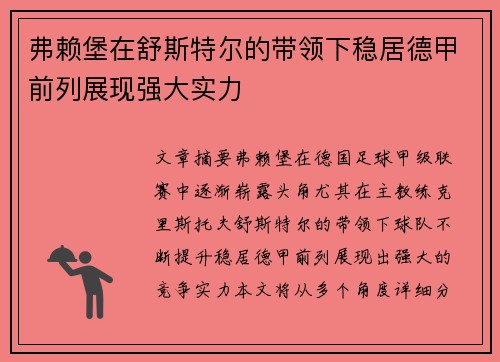 弗赖堡在舒斯特尔的带领下稳居德甲前列展现强大实力