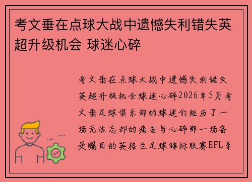 考文垂在点球大战中遗憾失利错失英超升级机会 球迷心碎